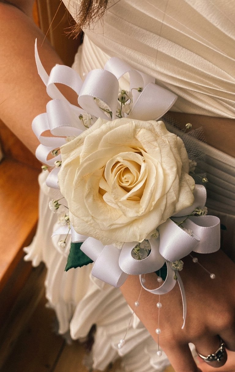 A white rose wrist corsage with satin ribbon and baby&rsquo;s breath, from a wedding at the lodge
